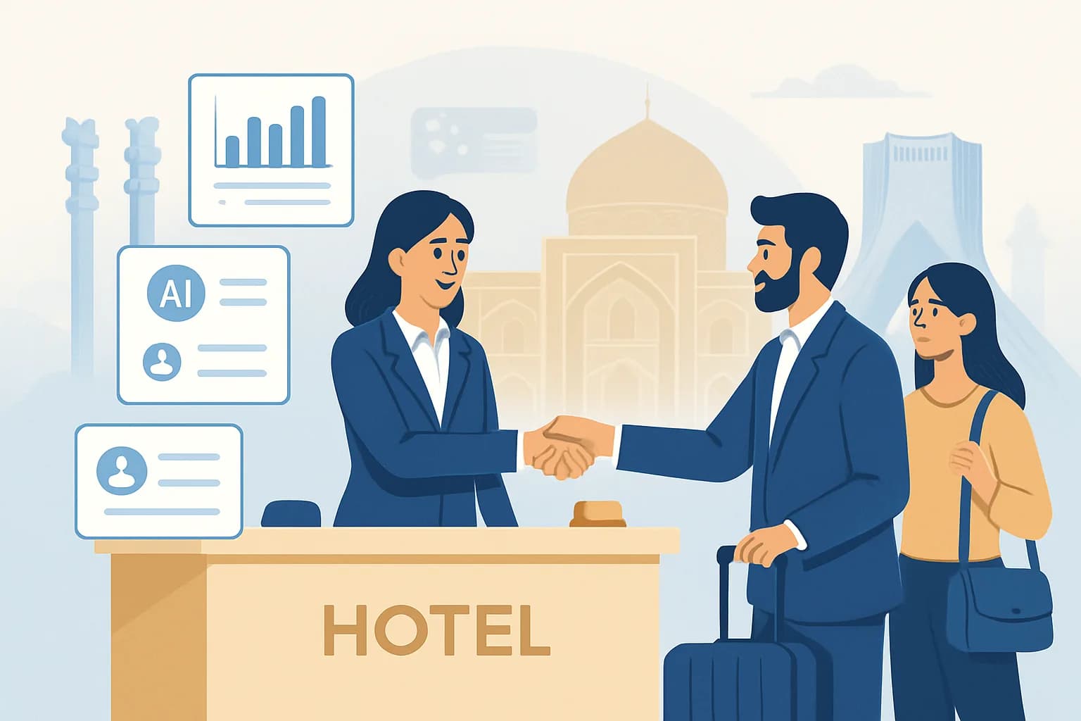 پذیرش هتل با کارمند، مهمانان و عناصر دیجیتال CRM، با پسزمینه جاذبههای گردشگری ایران، سبک مدرن و حرفهای
