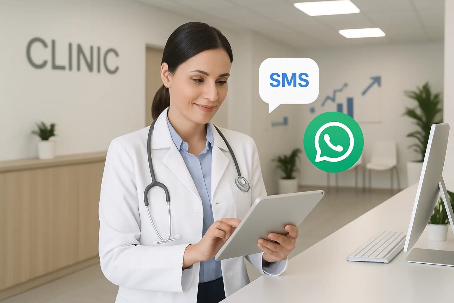 پذیرش مدرن مطب با پزشک یا منشی که با تبلت کار میکند و نمادهای پیامک و واتساپ نمایان است.