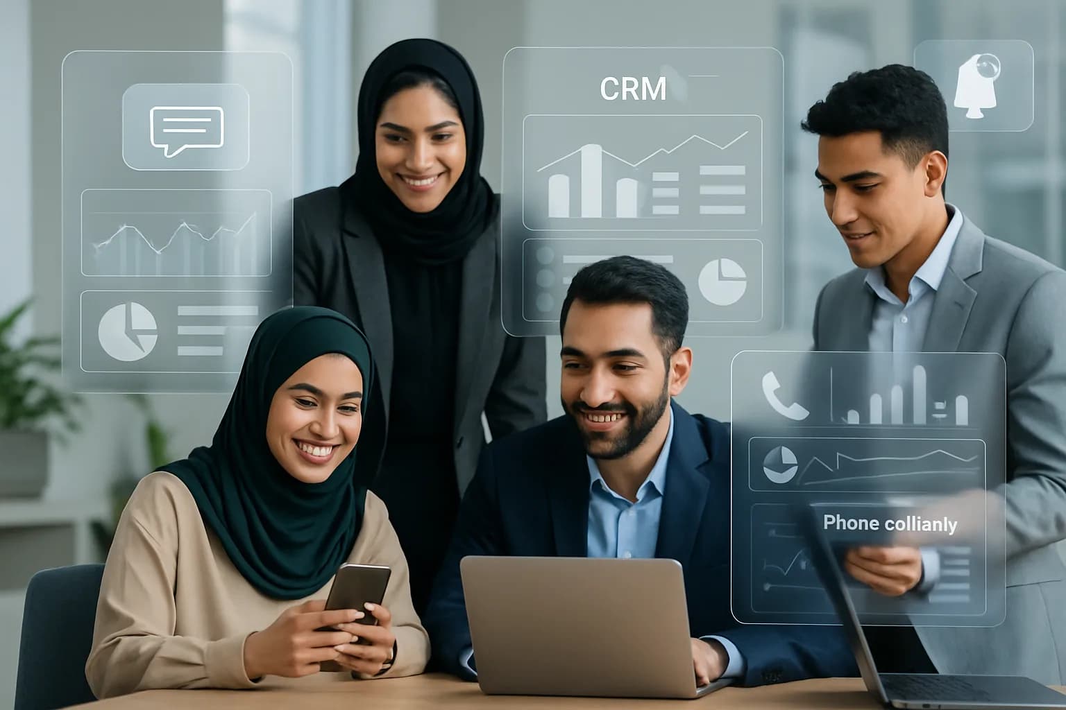 تیم فروش ایرانی در دفتر مدرن با لپتاپ و موبایل، داشبوردهای CRM و گزارش تماس و پیامک