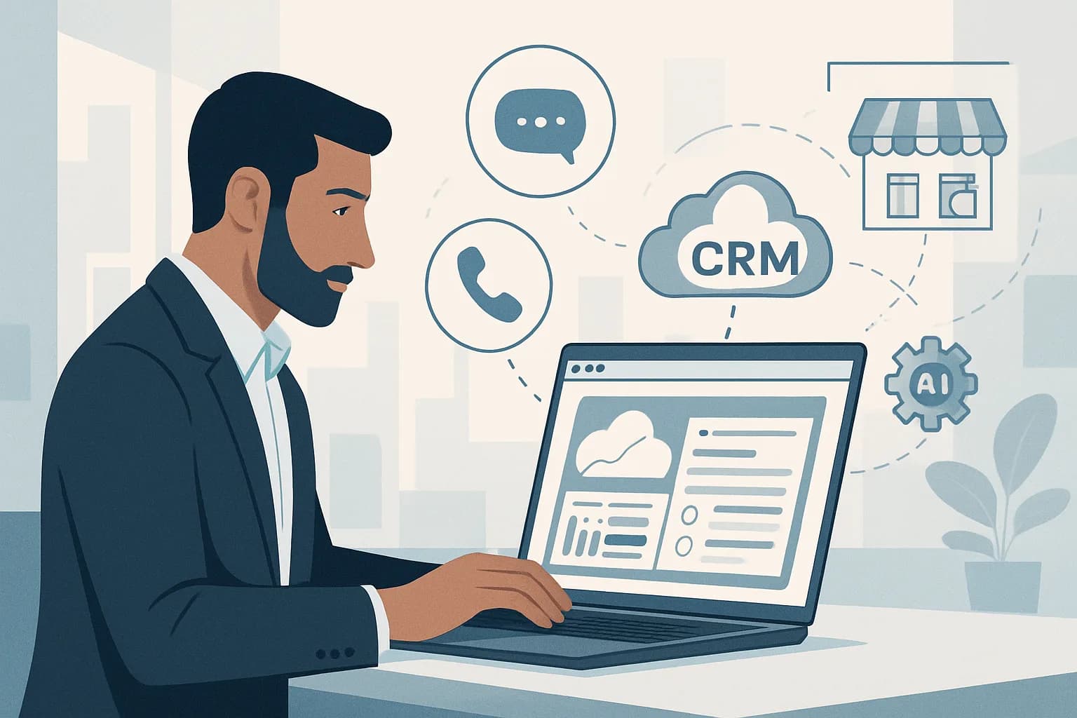 مدیر فروش در دفتر مدرن با لپتاپ و داشبورد CRM، آیکونهای تماس و هوش مصنوعی برای فروشگاه آنلاین B2B