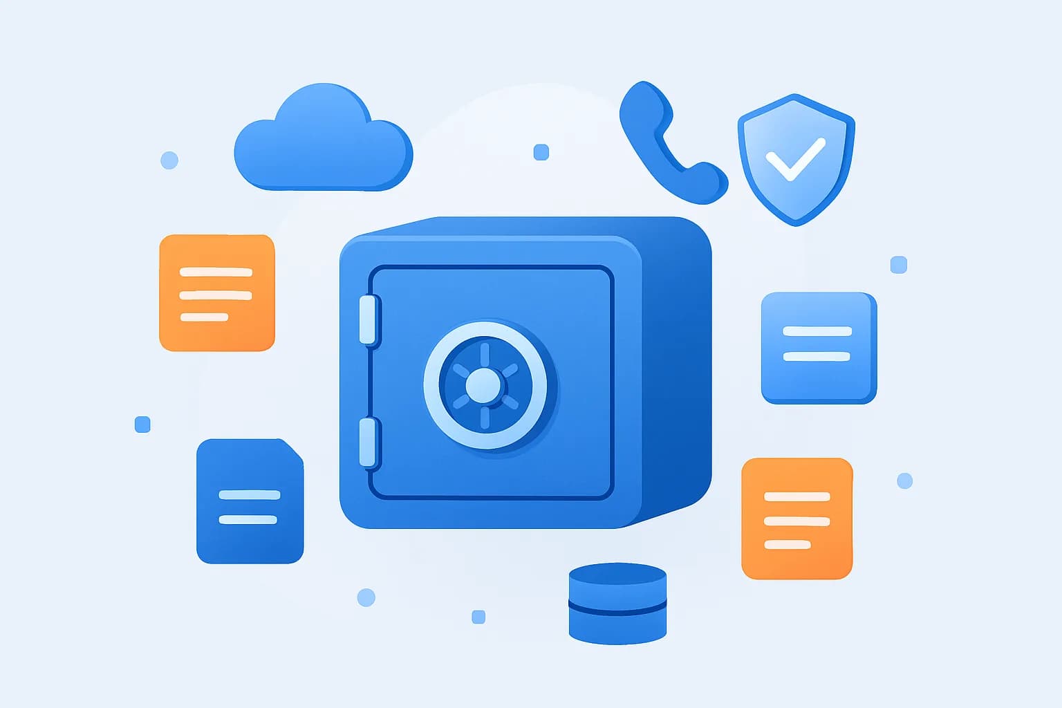 تصویری مدرن از امنیت داده در تلفن ابری و CRM با نماد ابر، سپر و گاوصندوق دیجیتال برای وبلاگ کسبوکار ایرانی