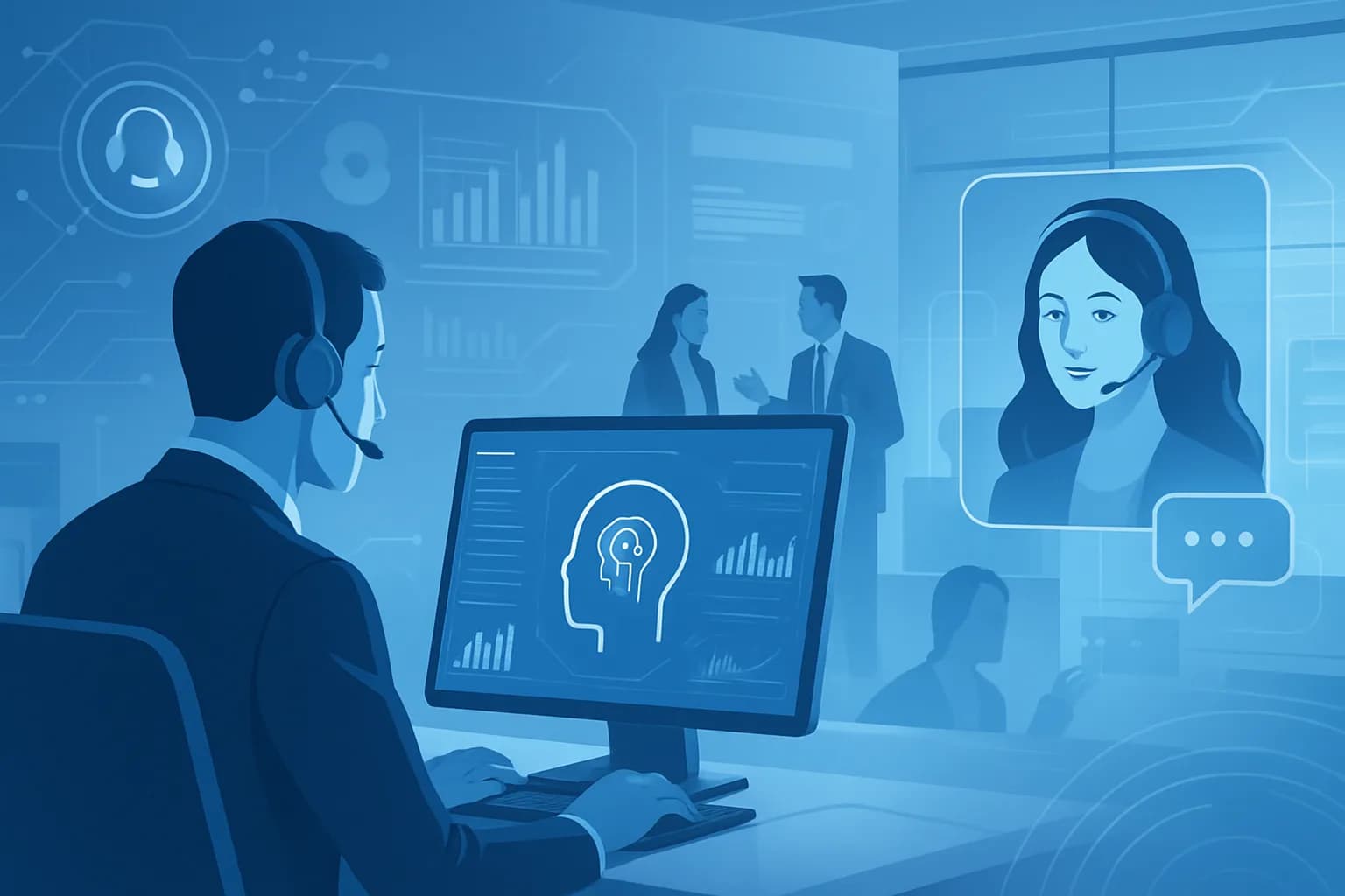 تصویری مدرن و حرفهای از فناوری Voice AI در مرکز تماس 2026