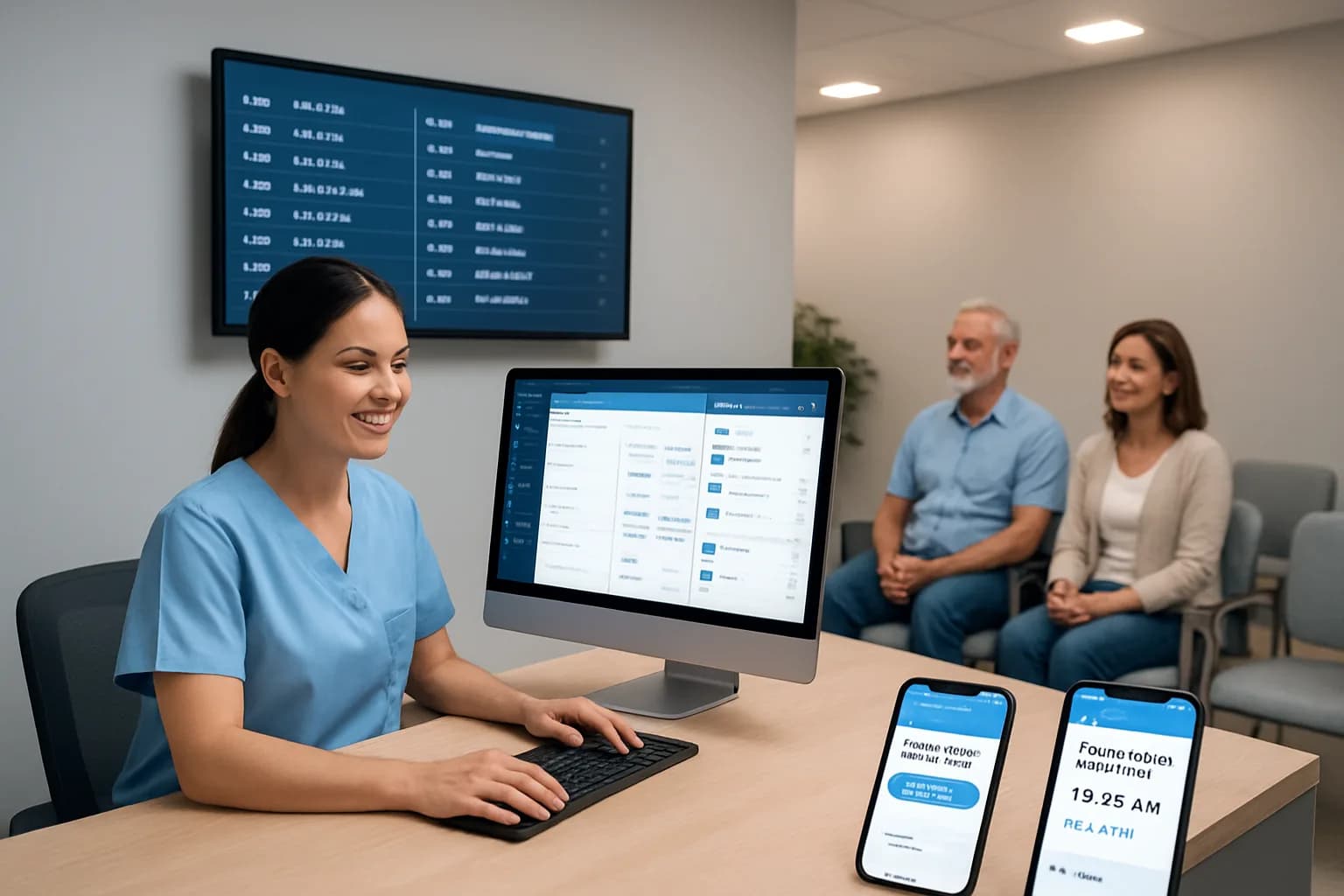 تصویری از پذیرش کلینیک با کارمند و تکنولوژی CRM برای مدیریت نوبتدهی