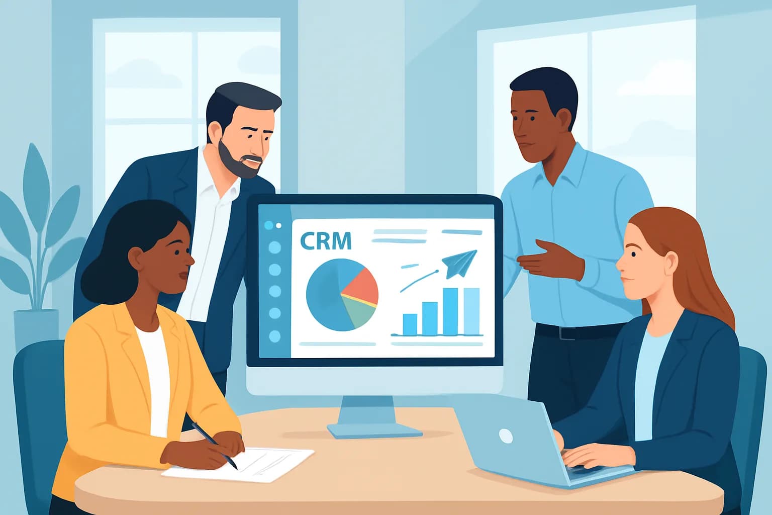 تصویری از تیم کسبوکار در حال کار با نرمافزار CRM و گزارشهای تلگرام