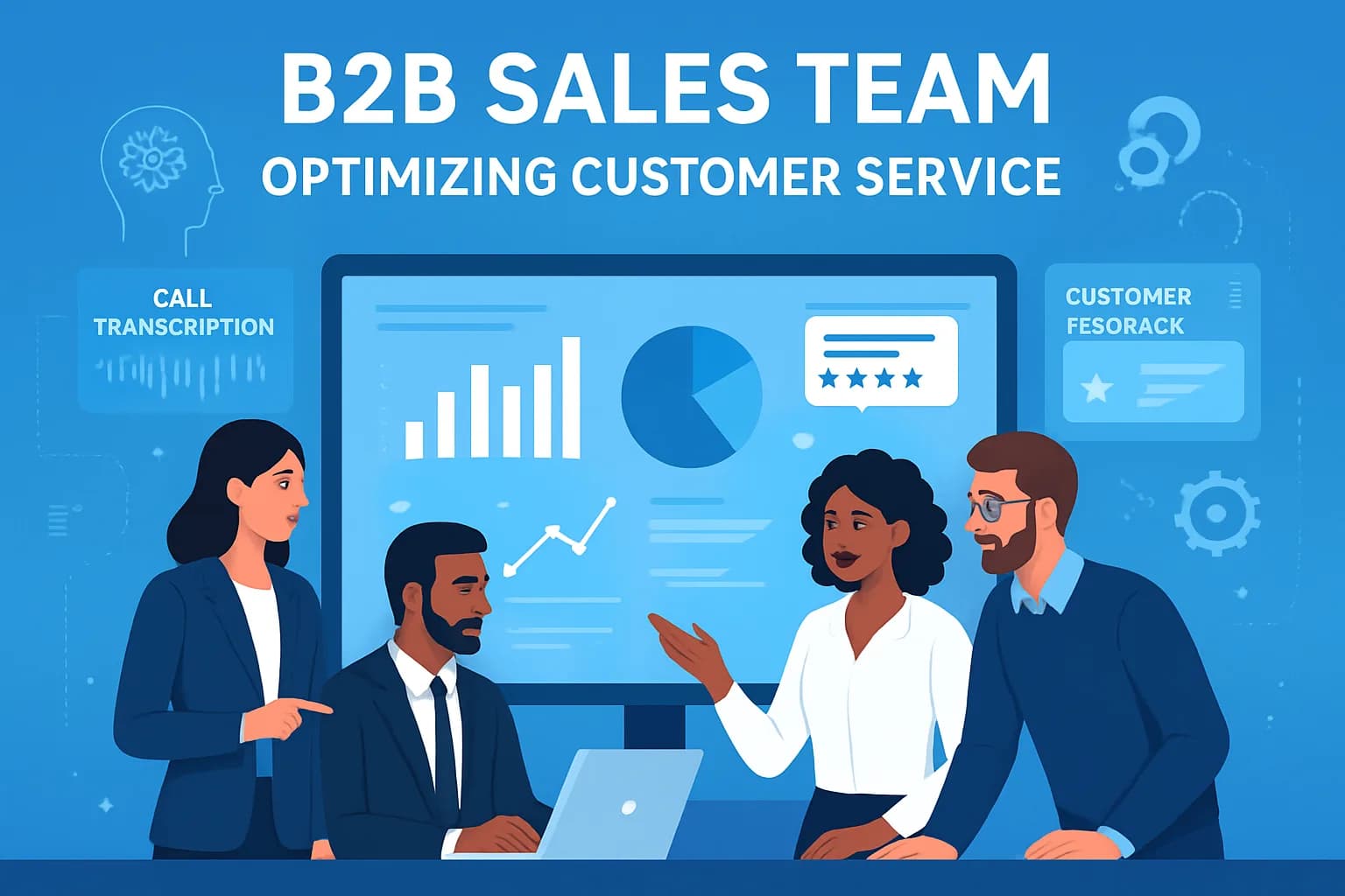 تصویری مدرن و حرفهای از تیم فروش B2B در حال بهینهسازی خدمات مشتری با فناوری پیشرفته.