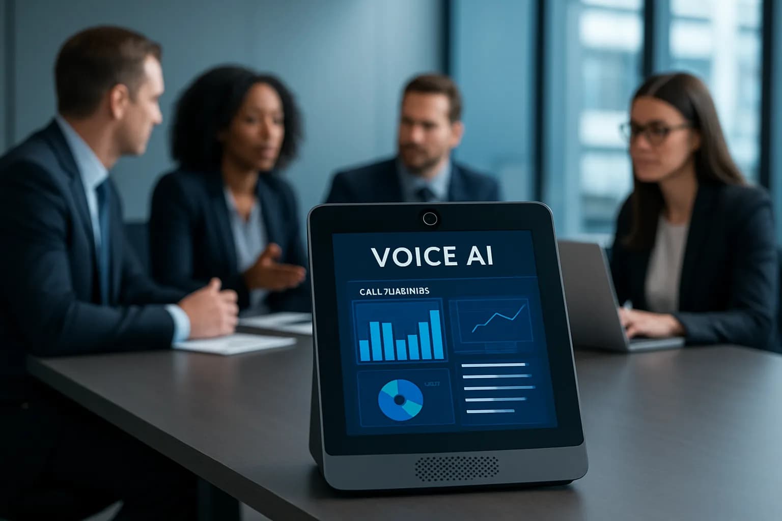 تصویری مدرن از محیط فروش B2B با فناوری Voice AI و تیم فروش در حال کار