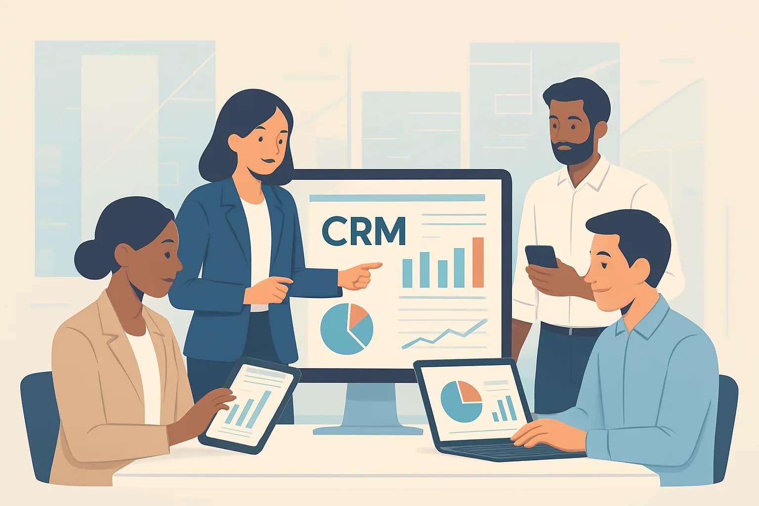 تصویری از تیم فروش متنوع که با نرمافزار CRM کار میکنند و دادههای فروش را تجزیه و تحلیل میکنند.